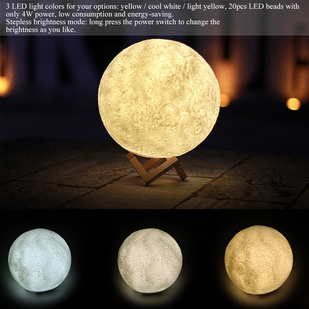 3D Magical Moon Lamp - USB Rechargeable LED Night Light