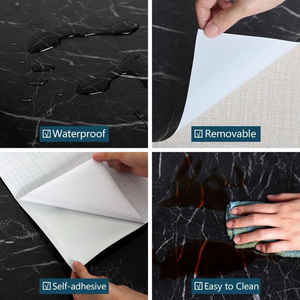 Black Marble Wallpaper (60cm x 2m) - Waterproof Self-Adhesive Kitchen Decor