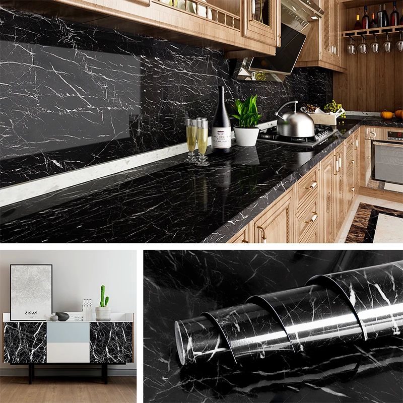 Black Marble Wallpaper (60cm x 2m) - Waterproof Self-Adhesive Kitchen Decor