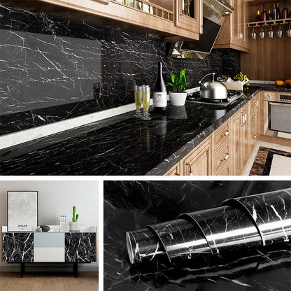 Black Marble Wallpaper (60cm x 2m) - Waterproof Self-Adhesive Kitchen Decor