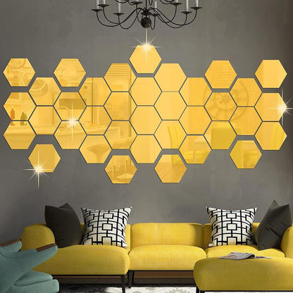 4 Pcs Hexagon Acrylic Mirror Wall Decals - Self-Adhesive Stickers