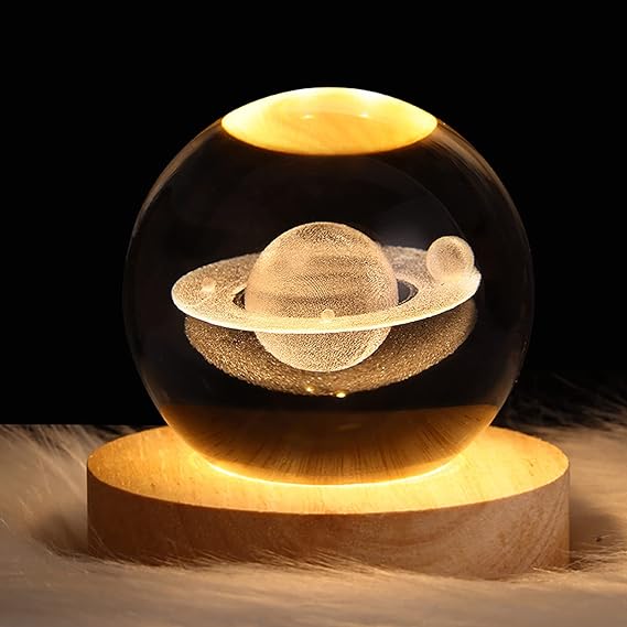 3D Galaxy Crystal Ball Night Light with Wooden Stand – LED Glass Lamp with Random Space Designs